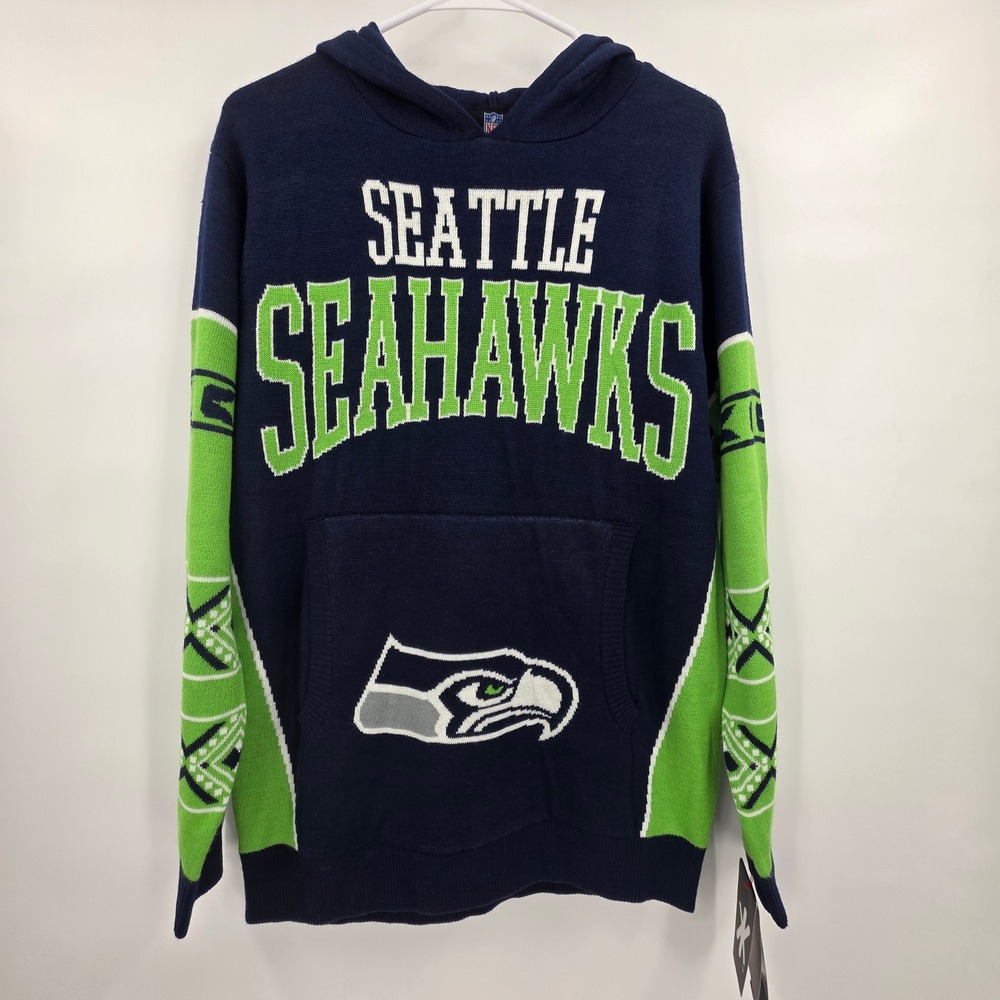 NFL TEAM APPAREL SEATTLE SEAHAWKS SWEATER MENS MEDIUM BLUE GREEN HOODED UGLY NEW - Picture 2 of 12